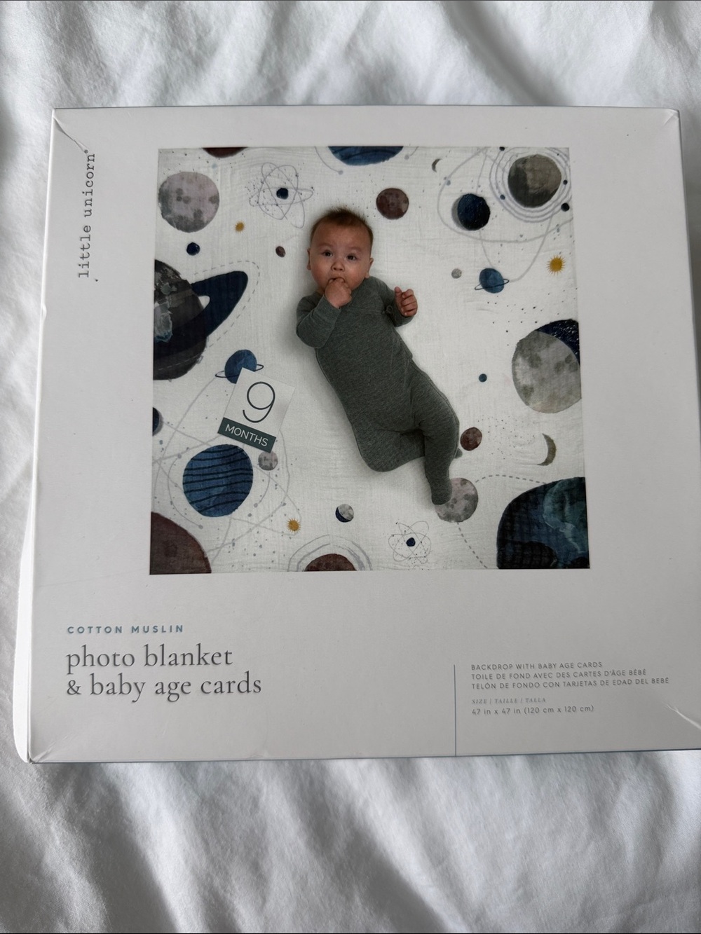 Baby Cotton Muslin Photo Blanket & Baby Age Cards - White/Navy